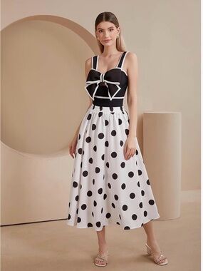 Black and White Bathing Suit and Polka Dot Skirt combo